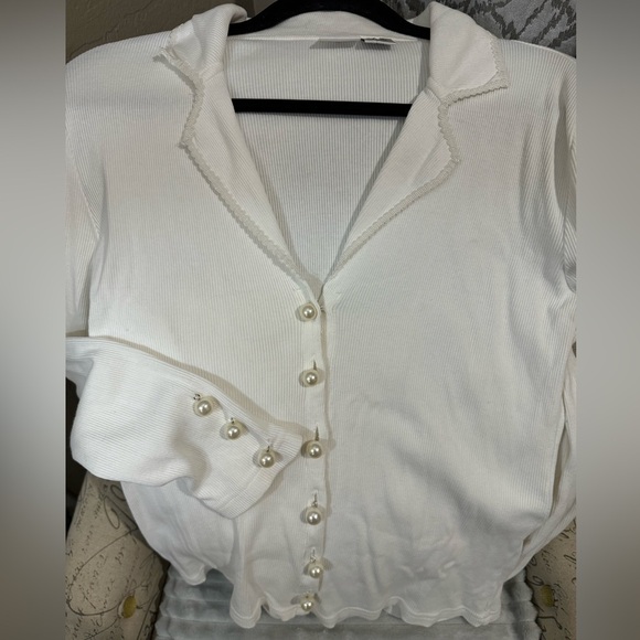 90’s Rib Knit Pearl Button Up Scallop Collar Cardigan 100% Cotton Girly Fun VTG - Picture 4 of 13